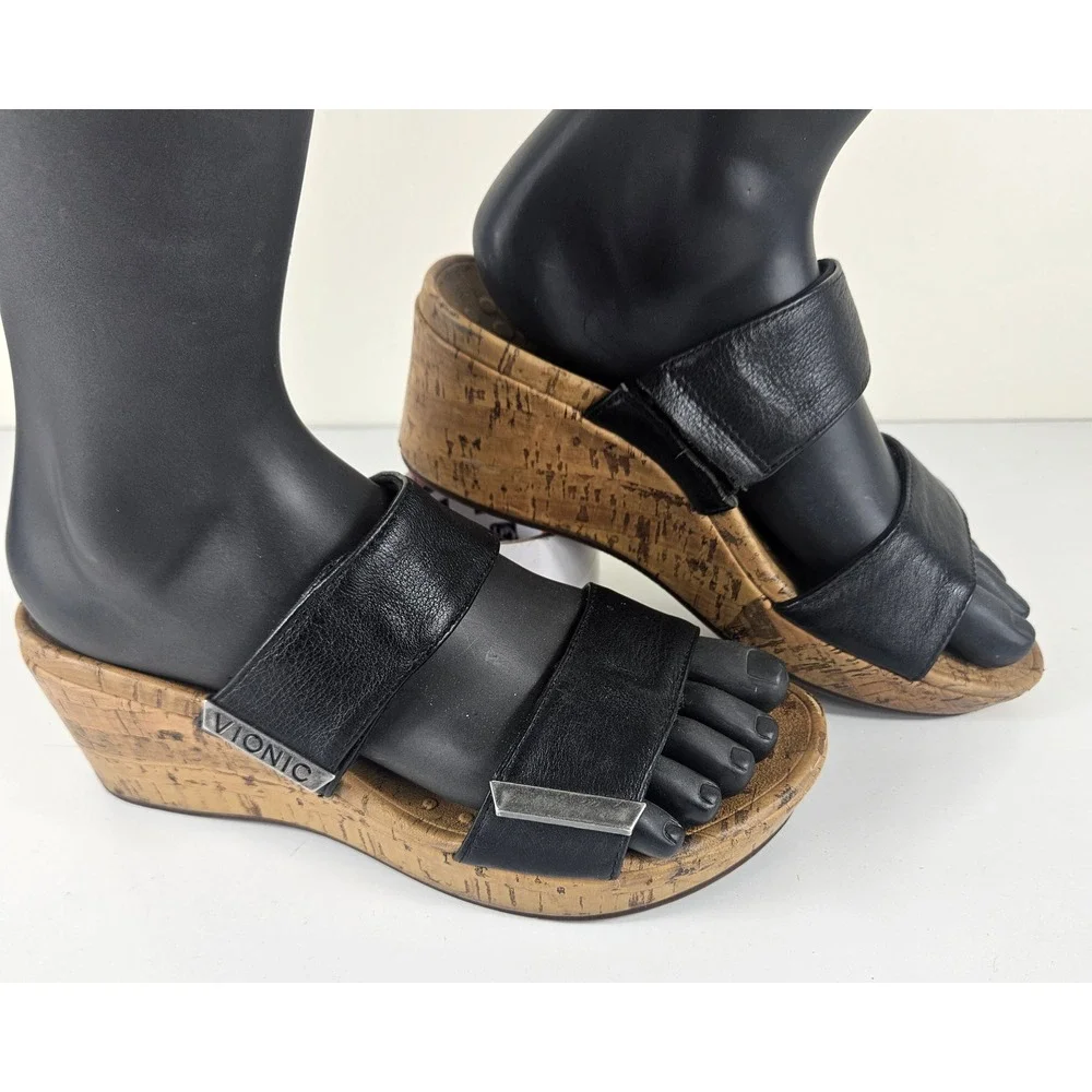 Vionic Pepper Womens 7 Black Leather Cork Wedge Platform Slide Sandals